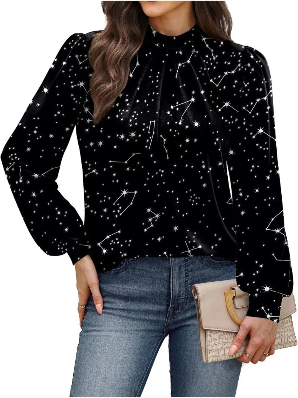 Women's Black Star Long Sleeve Shirt Pleated Front Blouses Dressy Mock Neck Top